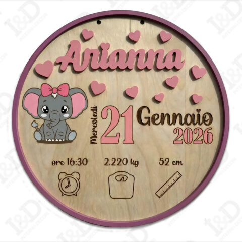 Targa nascita in legno personalizzata con nome-baby elefantino