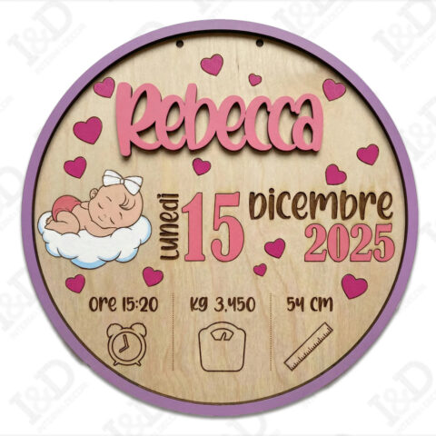 Targa nascita in legno personalizzata con nome “IT’S A GIRL”
