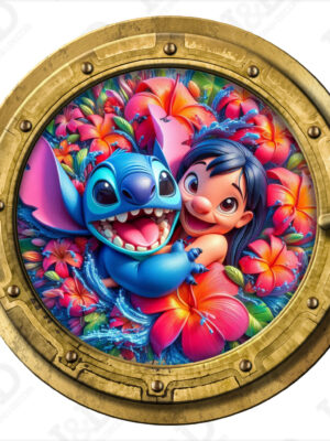 Oblò adesivo a parete effetto finestra – Lilo e Stitch tra fiori