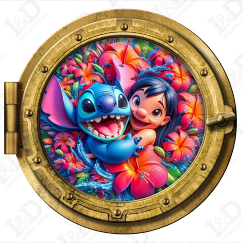 Oblò adesivo a parete effetto finestra – Lilo e Stitch tra fiori