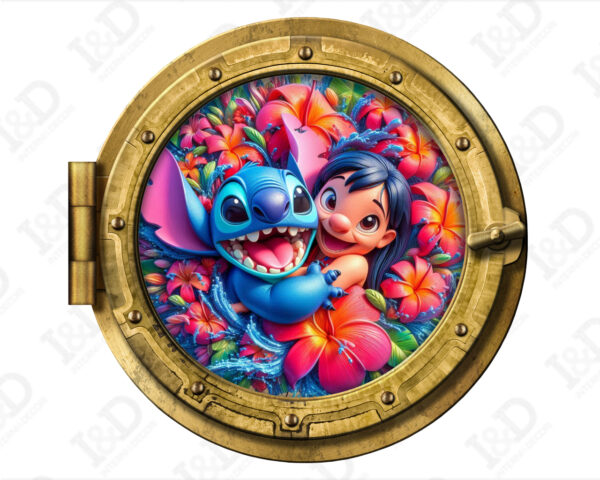 Oblò adesivo a parete effetto finestra - "LILO E STITCH TRA FIORI"