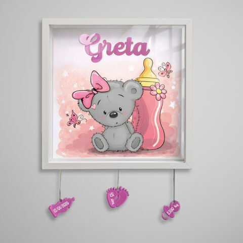 Quadretto nascita personalizzato con orsetta rosa bimba
