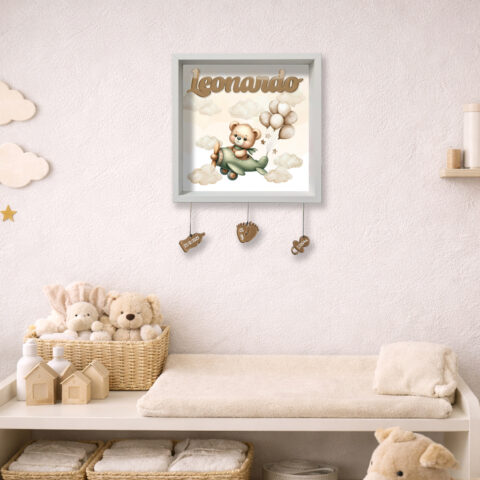 Quadretto nascita personalizzato con nome – "ORSETTO SU AEROPLANINO"
