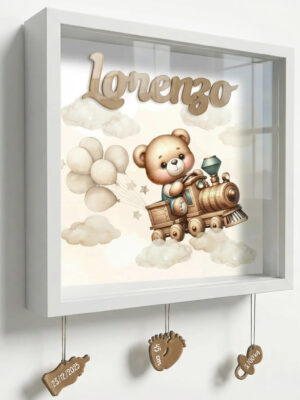 Quadretto nascita personalizzato con nome – orsetto su trenino