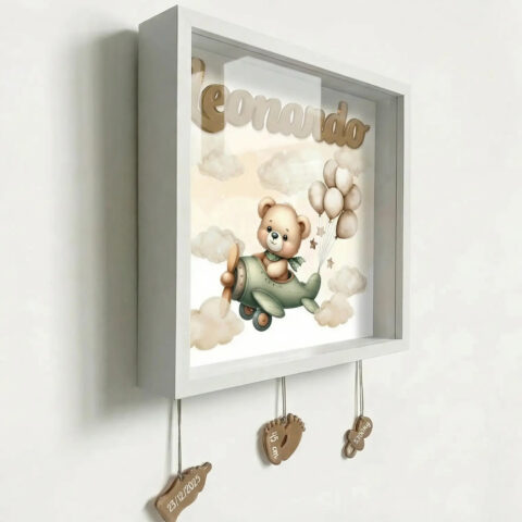 Quadretto nascita personalizzato con nome – orsetto su aeroplanino