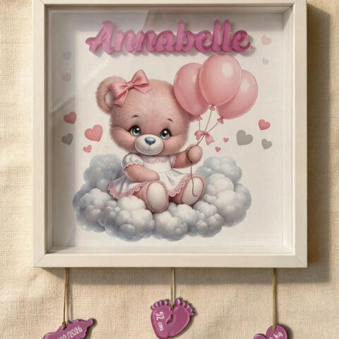 Orsetta con palloncini rosa-quadretto nascita personalizzato-vista frontale