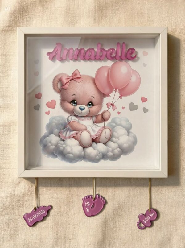"ORSETTA CON PALLONCINI ROSA" - Quadretto nascita personalizzato con nome