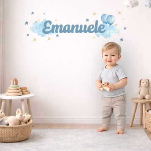 Adesivo murale personalizzato con nome "TRA NUVOLE E PALLONCINI"
