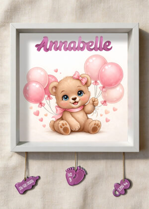"ORSETTA CON PALLONCINI ROSA" - Quadretto nascita personalizzato con nome