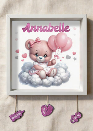 "ORSETTA CON PALLONCINI ROSA" - Quadretto nascita personalizzato con nome