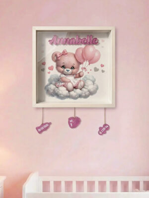 "ORSETTA CON PALLONCINI ROSA" - Quadretto nascita personalizzato con nome