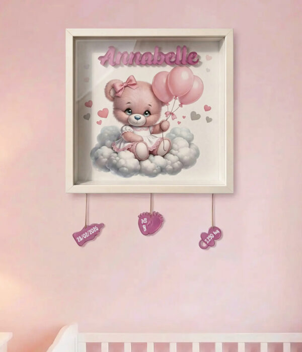 "ORSETTA CON PALLONCINI ROSA" - Quadretto nascita personalizzato con nome