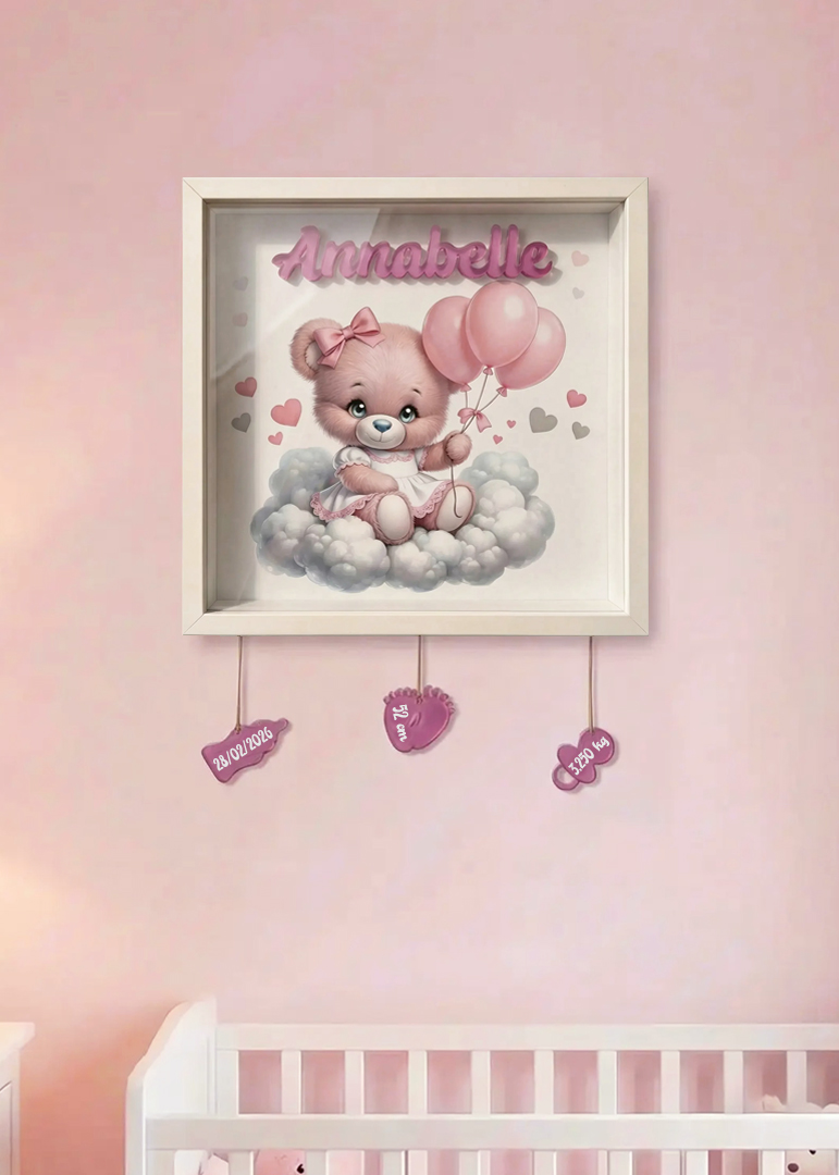 “ORSETTA CON PALLONCINI ROSA” – Quadretto nascita personalizzato con nome