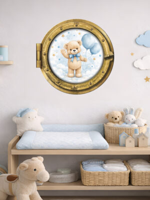 Oblò adesivo decorativo-orsetto con palloncini e stelline