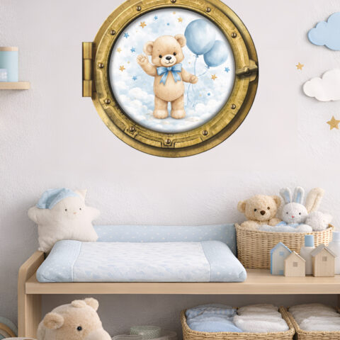 Oblò adesivo "ORSETTO CON PALLONCINI E STELLINE" - adesivo effetto finestra 3D