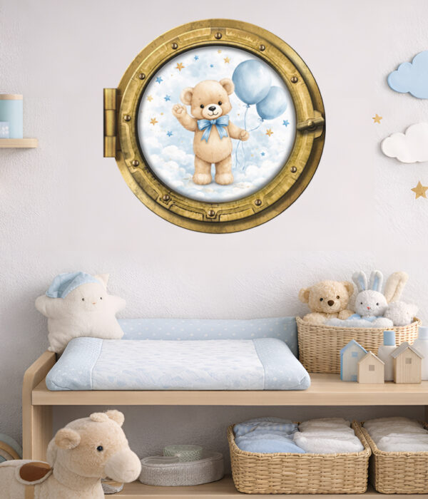 Oblò adesivo "ORSETTO CON PALLONCINI E STELLINE" - adesivo effetto finestra 3D