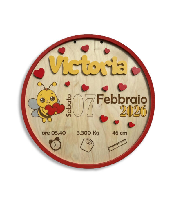 Dolce ape con cuori-targa nascita in legno
