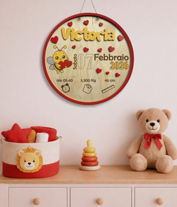"DOLCE APE CON CUORI” - Targa nascita in legno personalizzata con nome