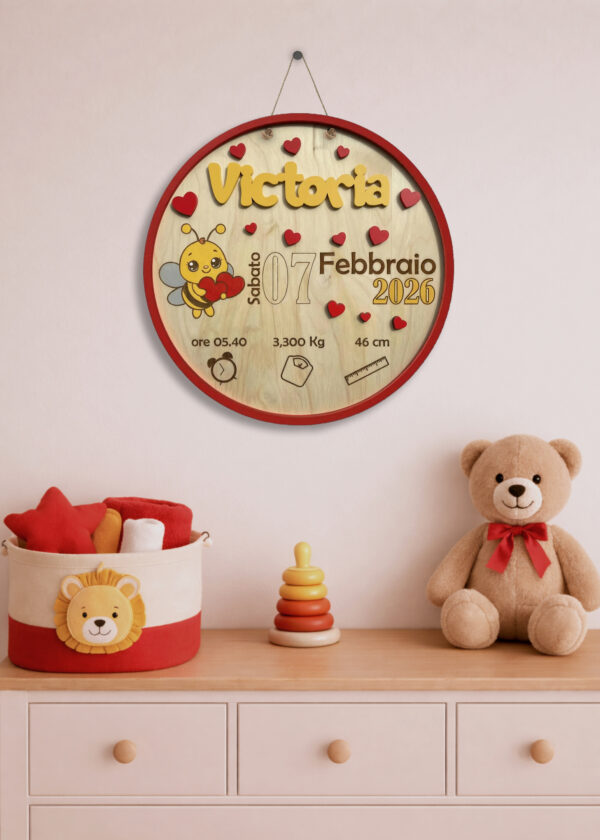 "DOLCE APE CON CUORI” - Targa nascita in legno personalizzata con nome
