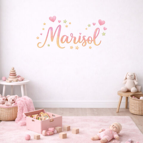 Adesivo murale personalizzato con nome "CUORI ROSA E STELLINE"