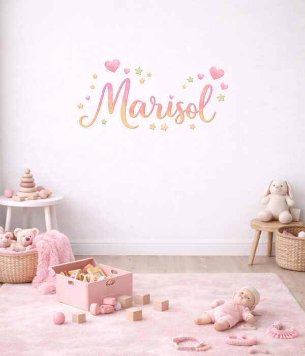 Adesivo murale con nome "CUORI ROSA E STELLINE"