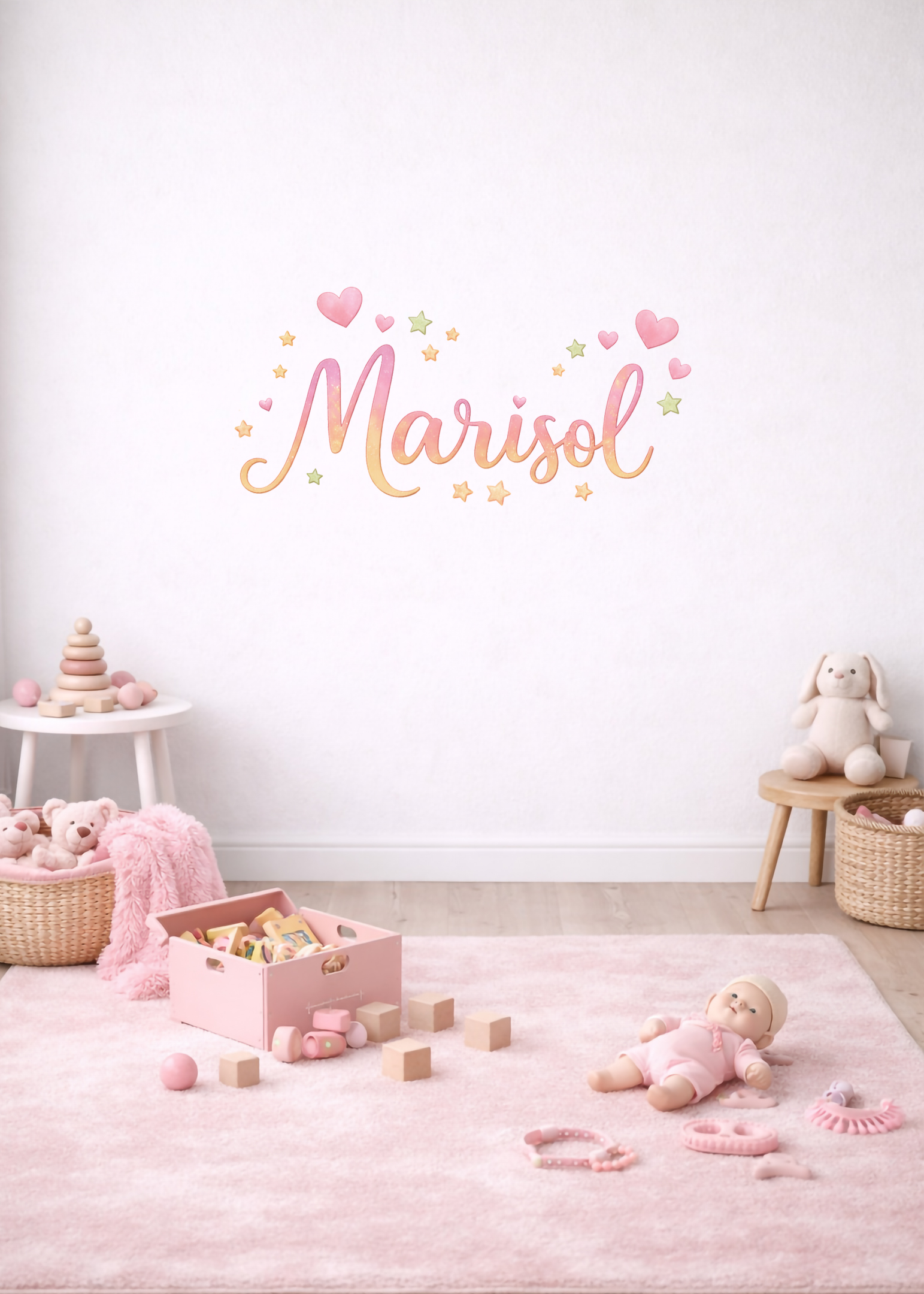 “CUORI ROSA E STELLINE” – Adesivo murale personalizzato con nome