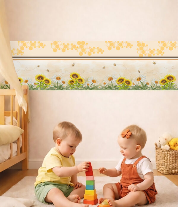 Fascia adesiva "IN VOLO TRA FIORI E MIELE" – Boiserie decorativa cameretta