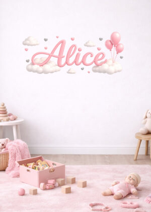 Adesivo murale personalizzato con nome-tra cuori e soffici nuvole