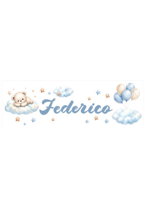 Adesivo murale con nome-nuvole, stelle e palloncini