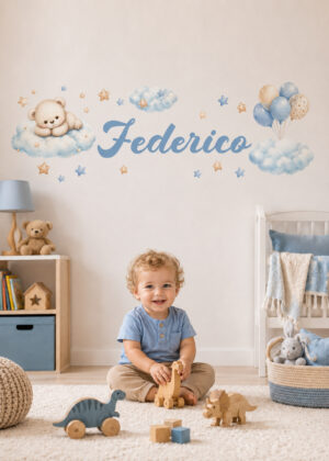 Adesivo murale personalizzato-tra nuvole, stelle e palloncini